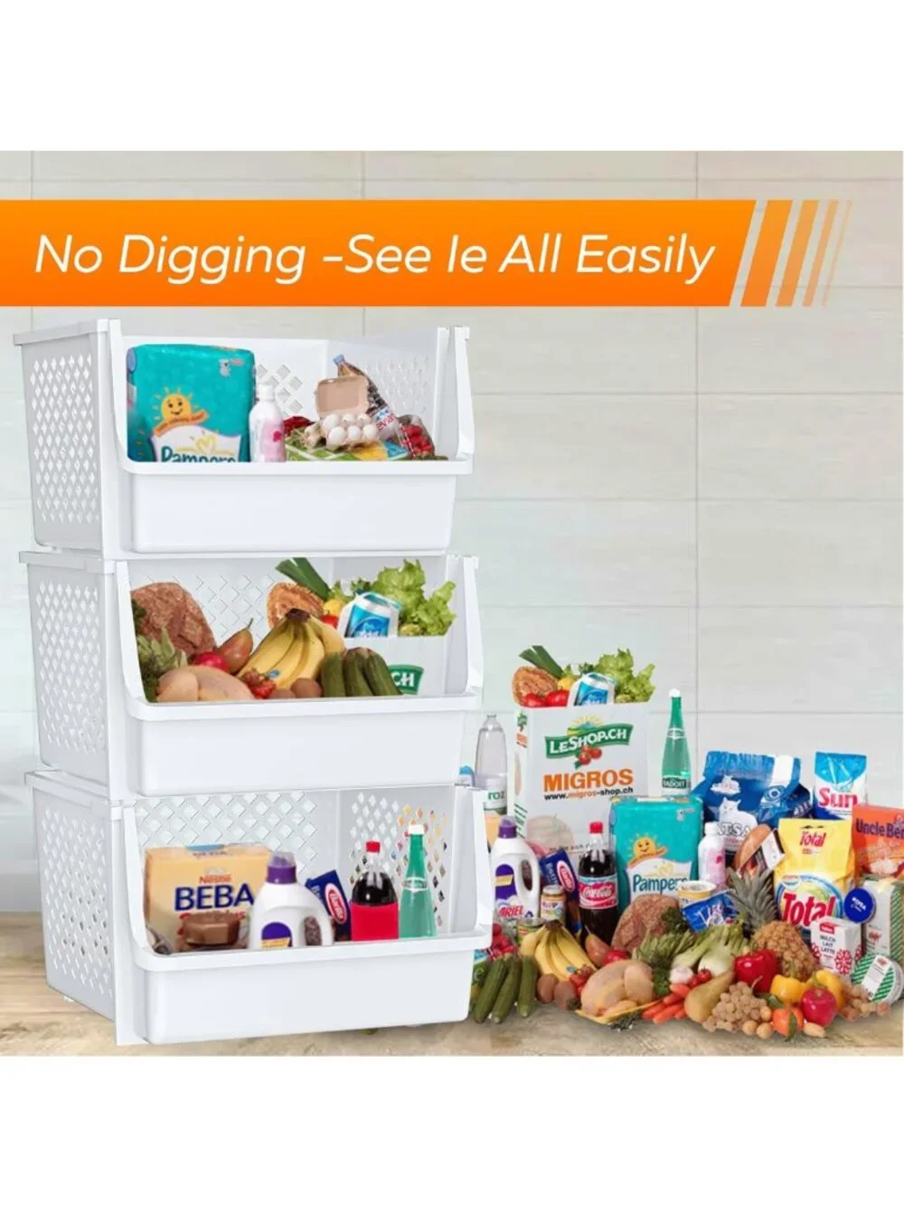 XL Stackable Open Front Storage Bins for Pantry Organization - 6 Pack, White